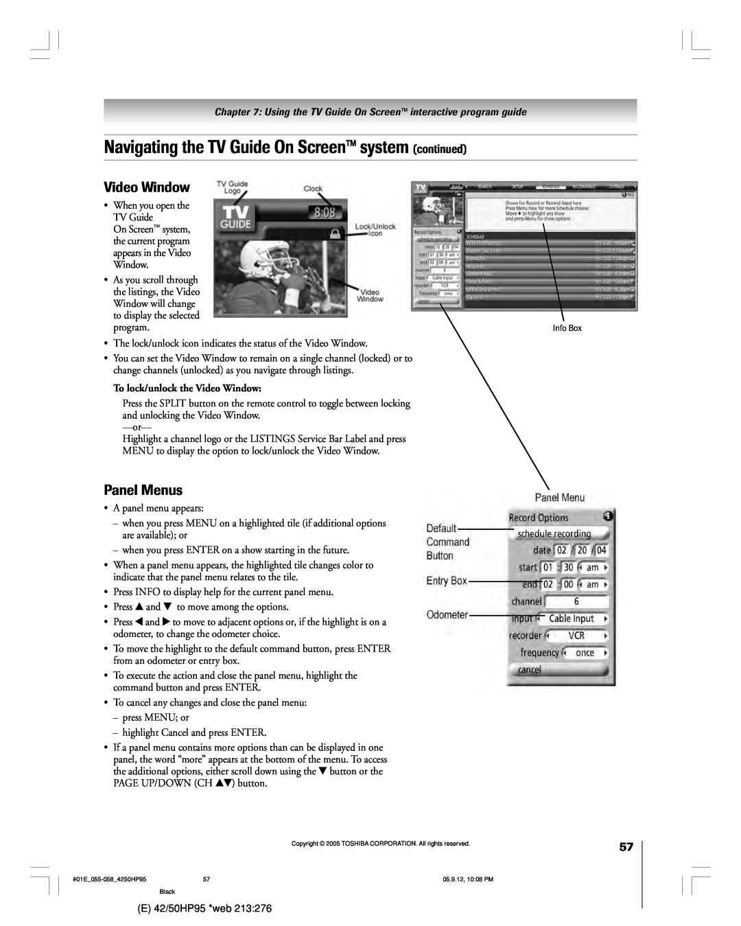 Toshiba 42HP95 owner manual Navigating the TV Guide On Screen system continued, Video Window, Panel Menus 