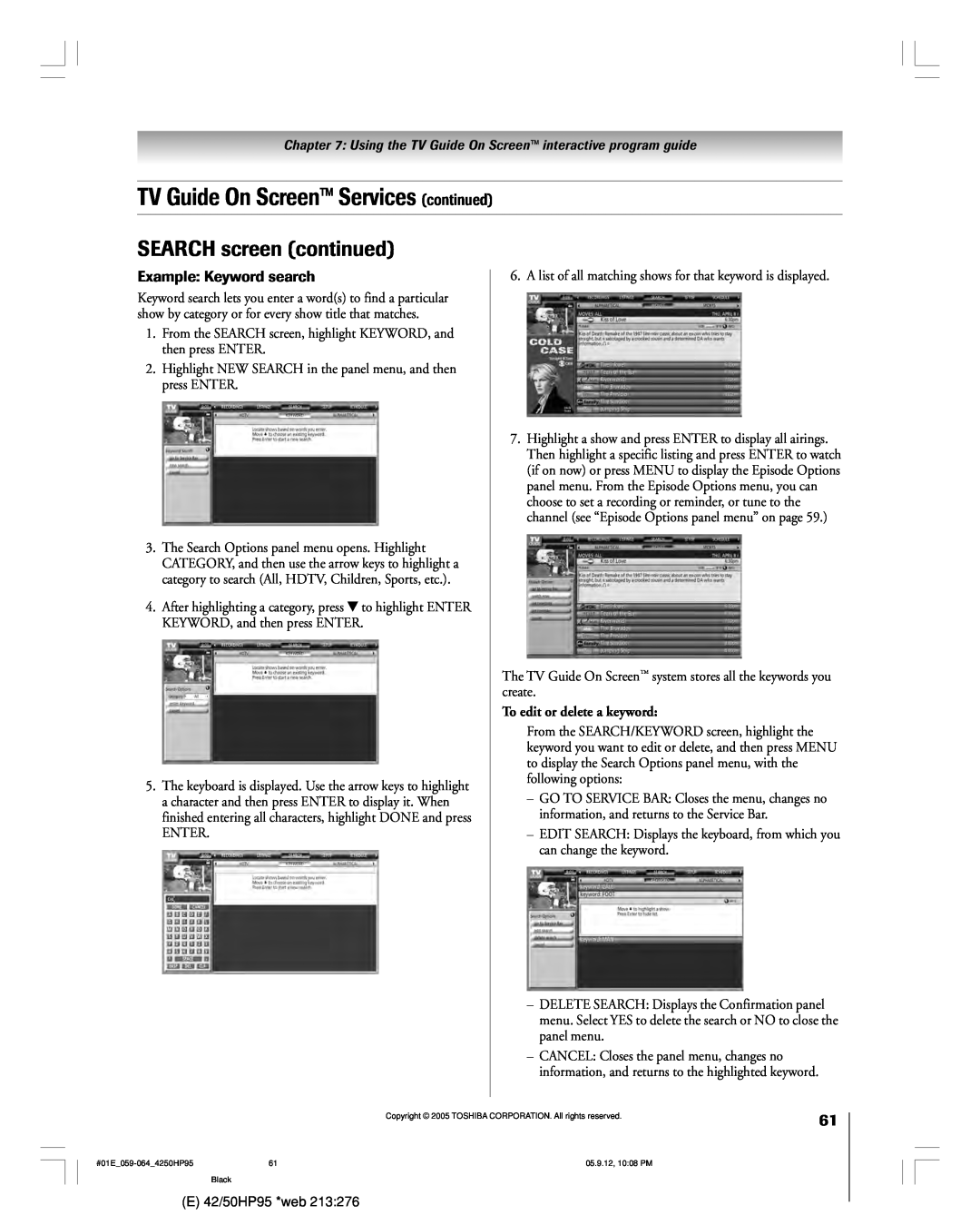 Toshiba 42HP95 owner manual SEARCH screen continued, Example Keyword search, To edit or delete a keyword 