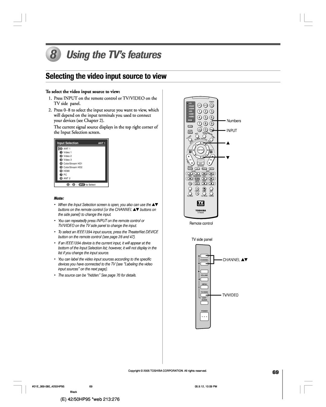 Toshiba 42HP95 Using the TV’s features, Selecting the video input source to view, To select the video input source to view 