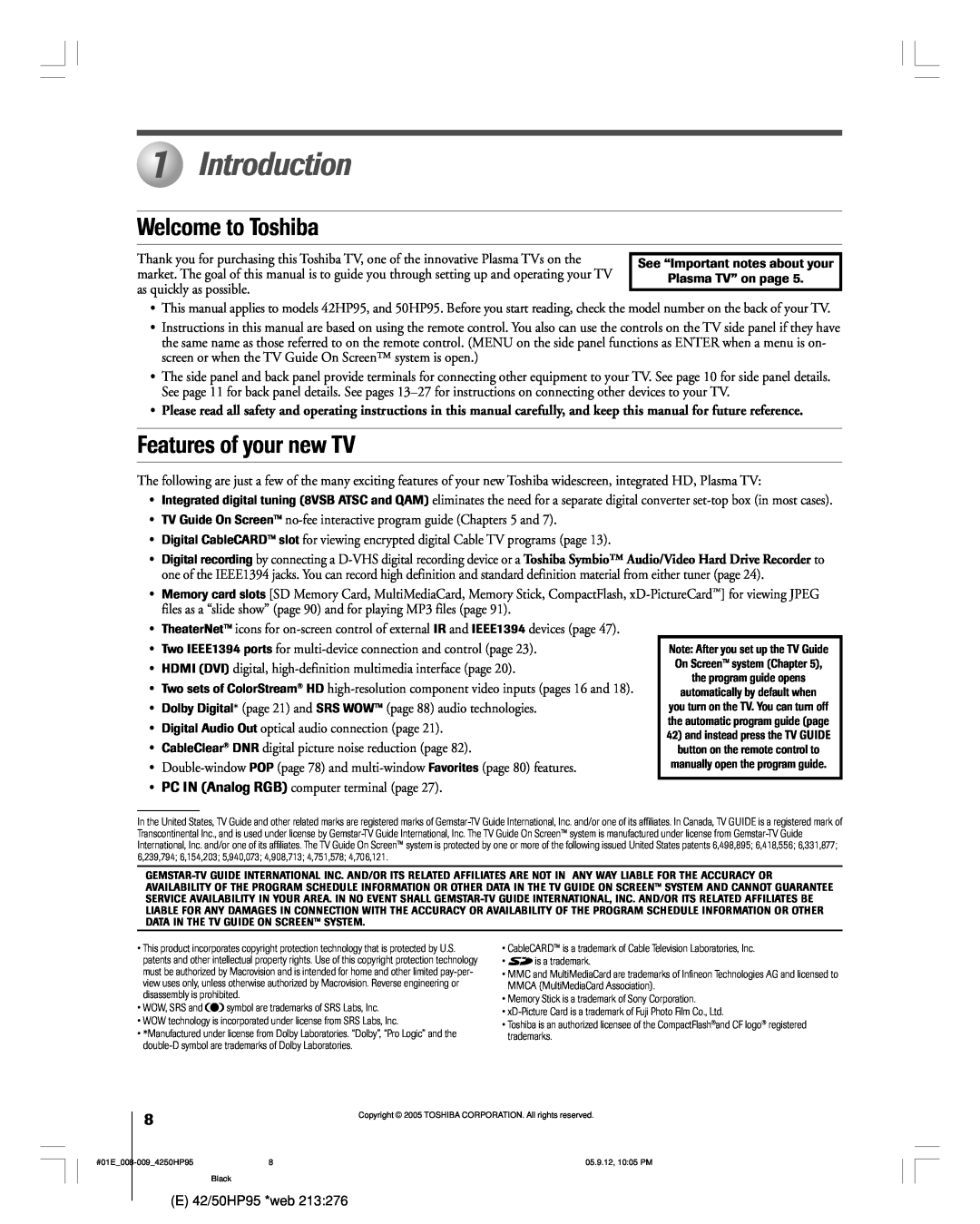 Toshiba 42HP95 owner manual Introduction, Welcome to Toshiba, Features of your new TV 
