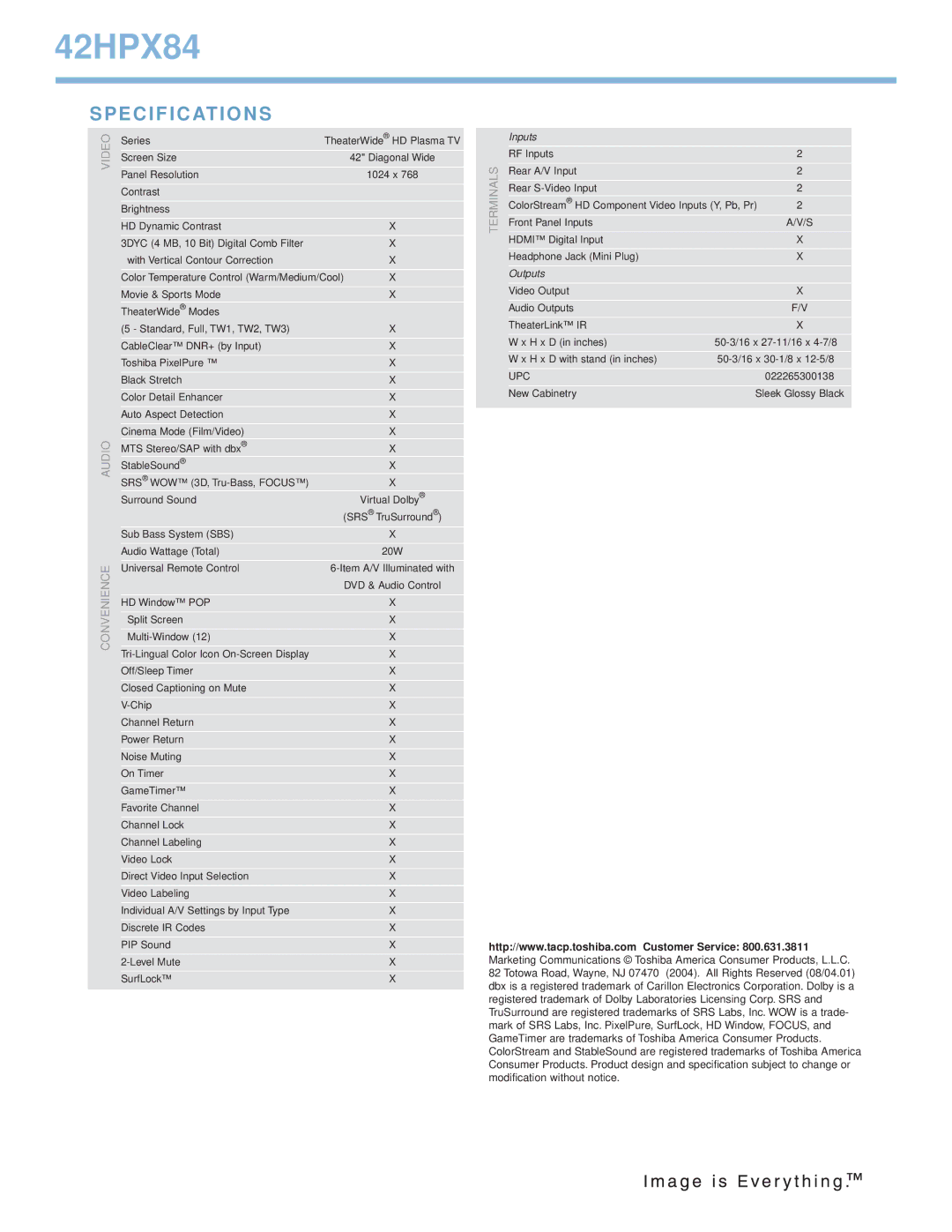 Toshiba 42HPX84 manual Specifications 