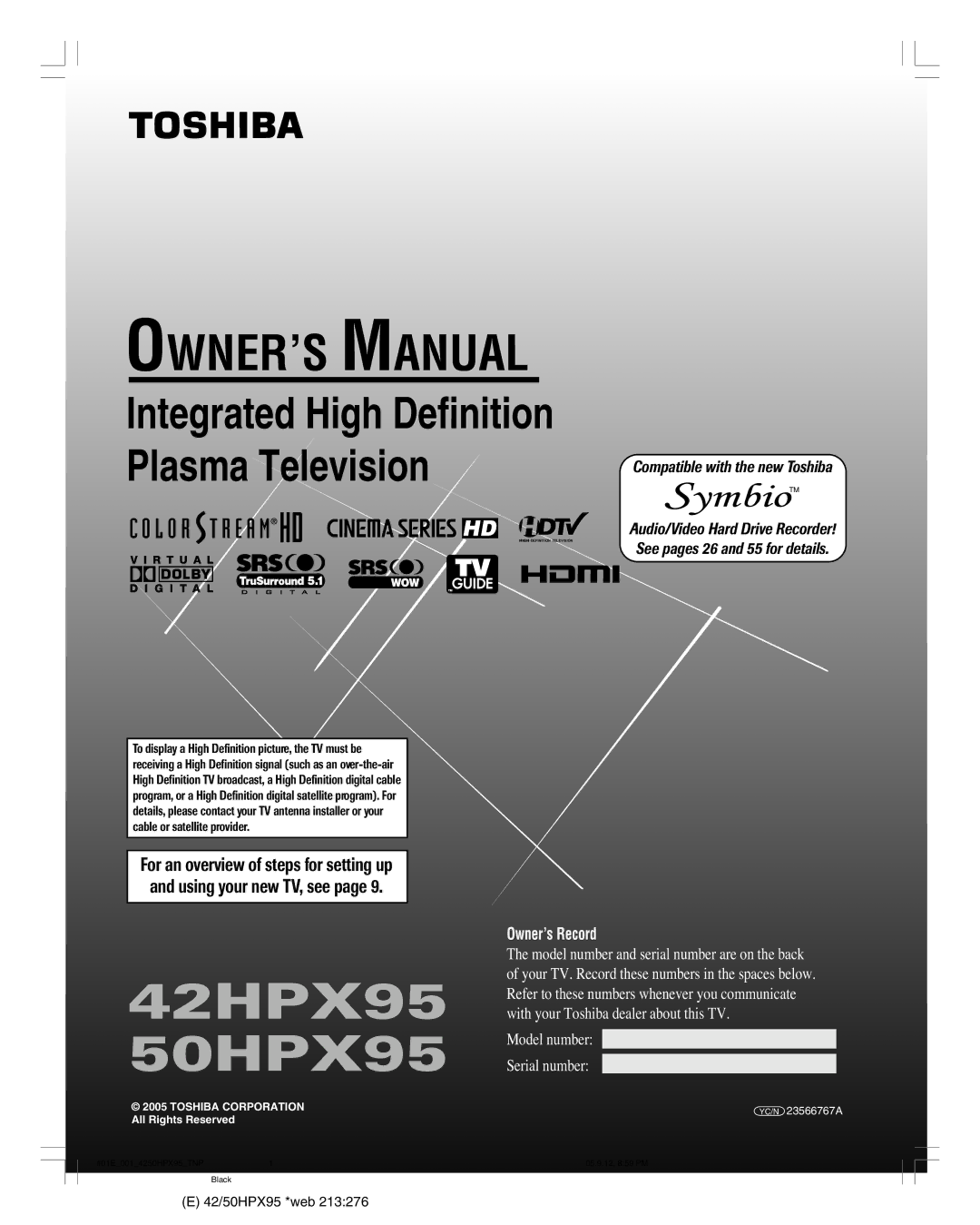 Toshiba owner manual 42HPX95 50HPX95 