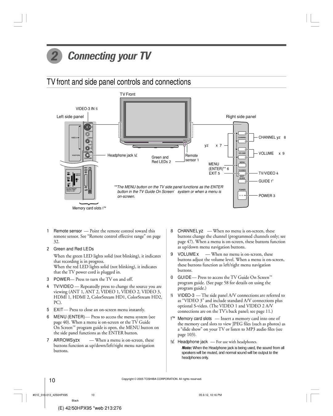 Toshiba 42HPX95 owner manual Connecting your TV, TV front and side panel controls and connections, Green and Red LEDs 