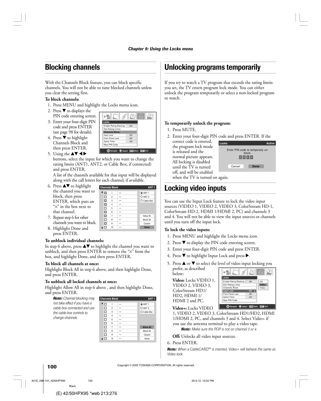 Toshiba 42HPX95 owner manual Blocking channels, Unlocking programs temporarily, Locking video inputs, 100 