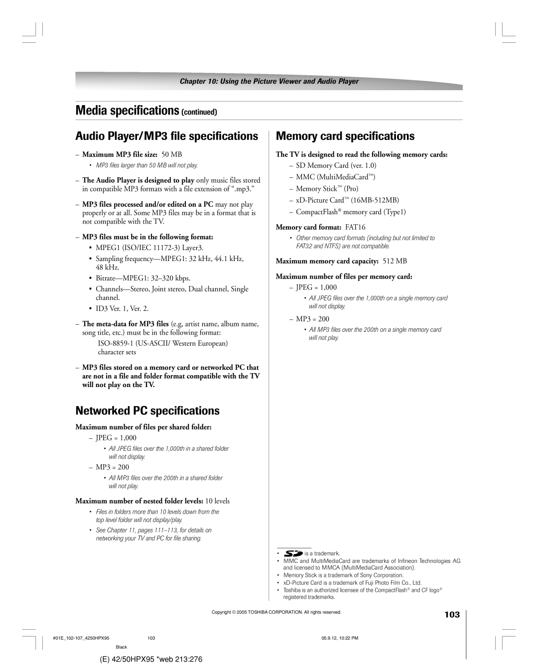 Toshiba 42HPX95 owner manual Networked PC specifications, 103 