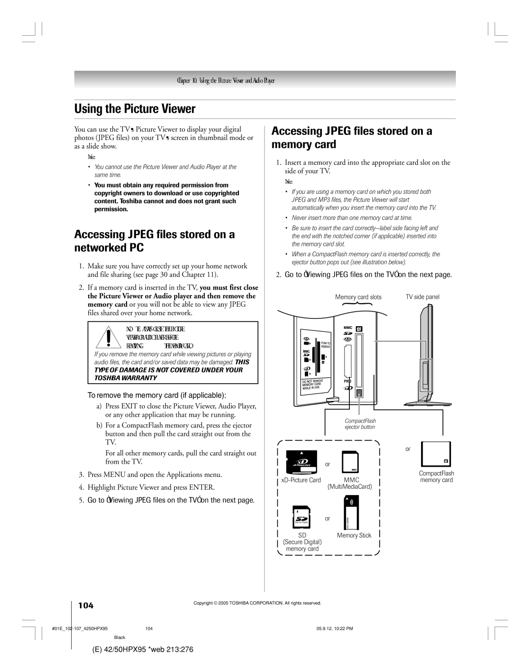 Toshiba 42HPX95 owner manual Using the Picture Viewer, Accessing Jpeg files stored on a networked PC, 104 