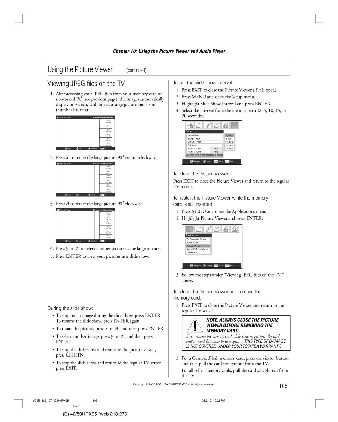 Toshiba 42HPX95 owner manual Viewing Jpeg files on the TV, 105 