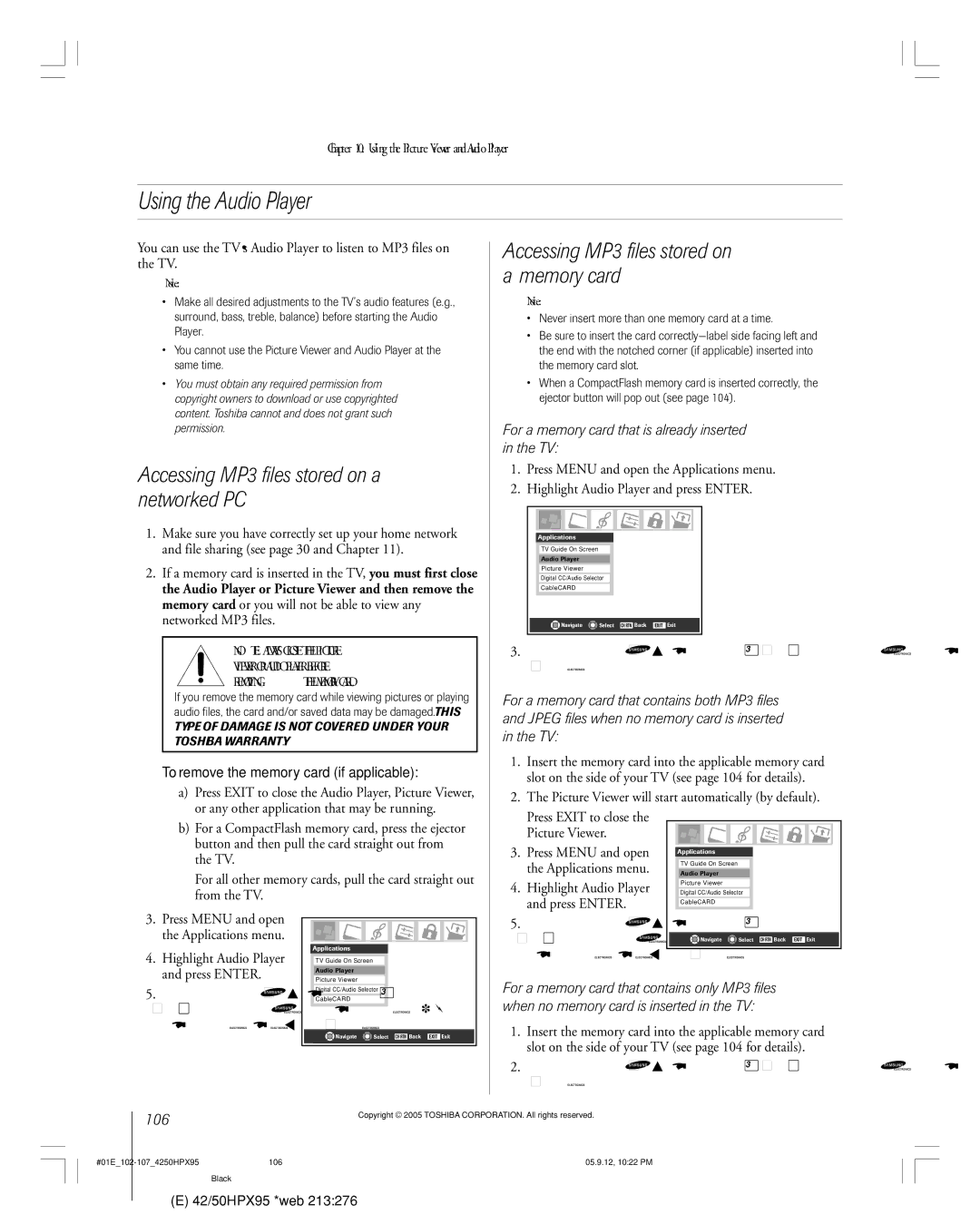 Toshiba 42HPX95 owner manual Using the Audio Player, Memory card, Accessing MP3 files stored on a, Networked PC 