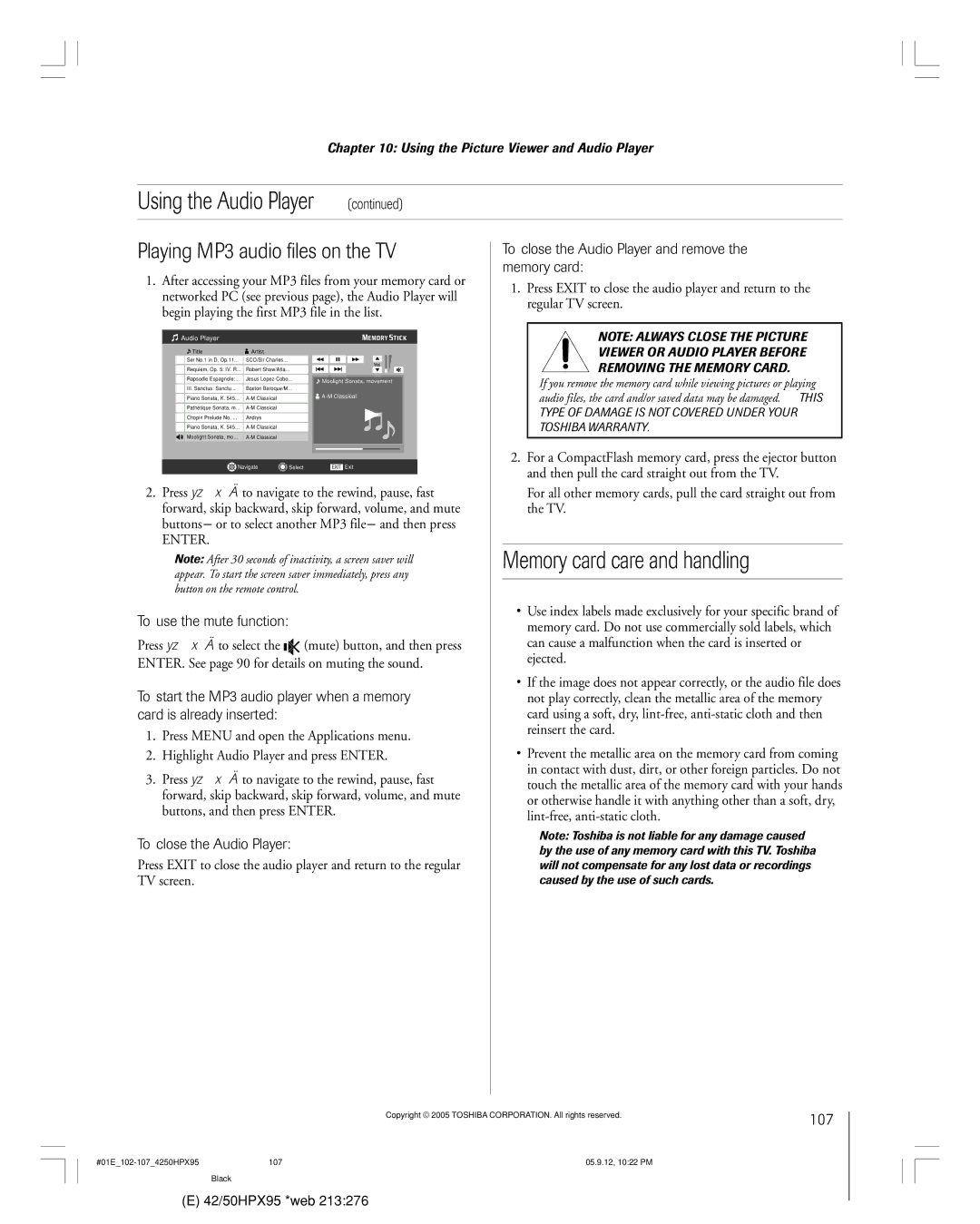 Toshiba 42HPX95 owner manual Memory card care and handling, Playing MP3 audio files on the TV, 107 