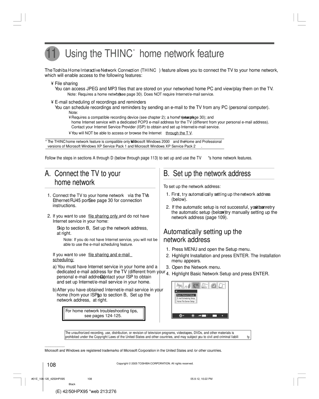 Toshiba 42HPX95 Using the Thinc home network feature, Connect the TV to your home network, Set up the network address, 108 