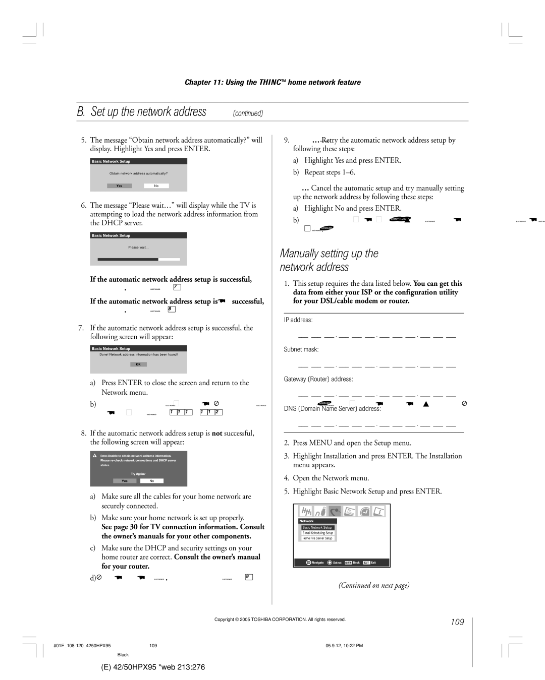 Toshiba 42HPX95 owner manual Manually setting up the network address, 109, Continue with step 