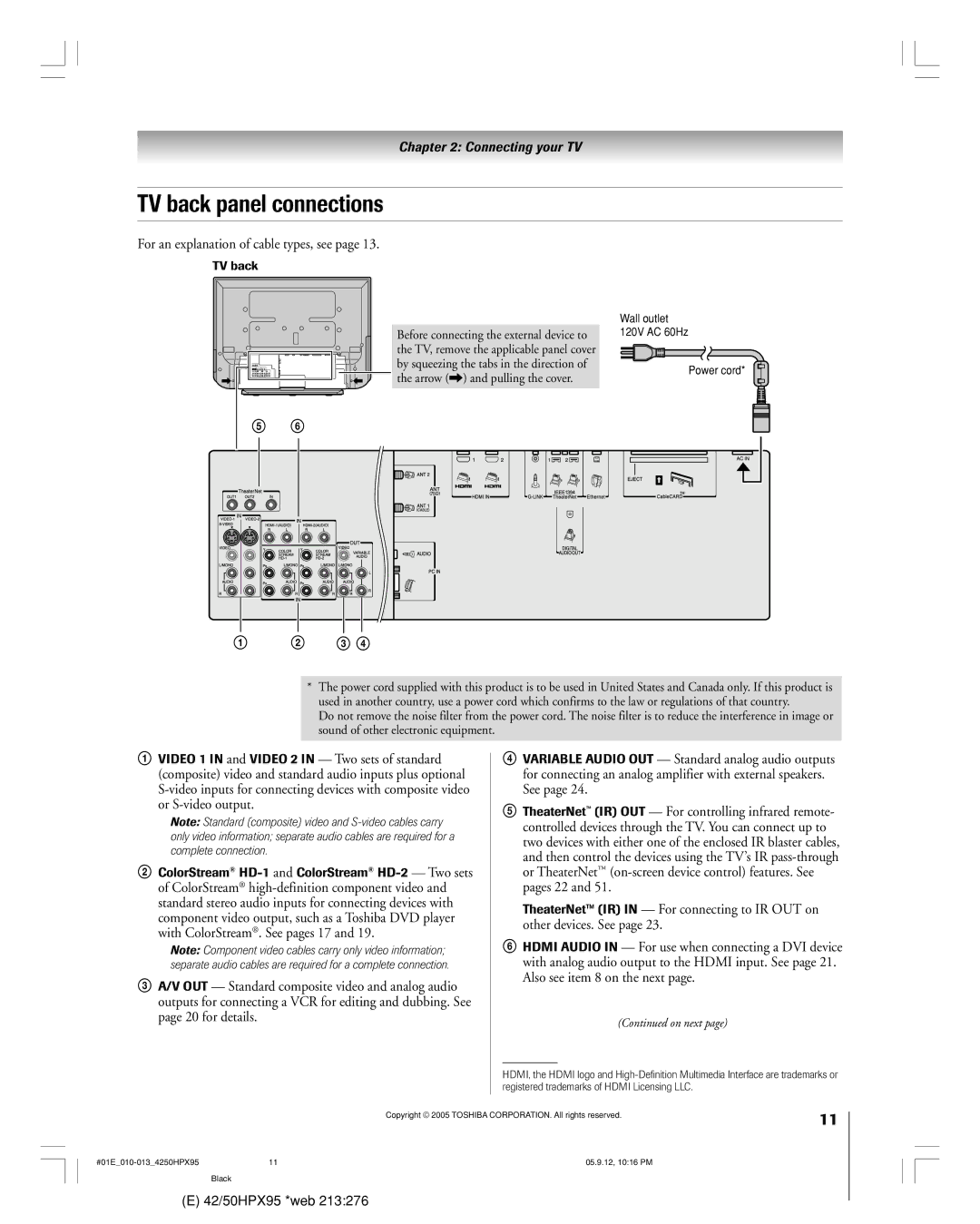 Toshiba 42HPX95 owner manual TV back panel connections, For an explanation of cable types, see 