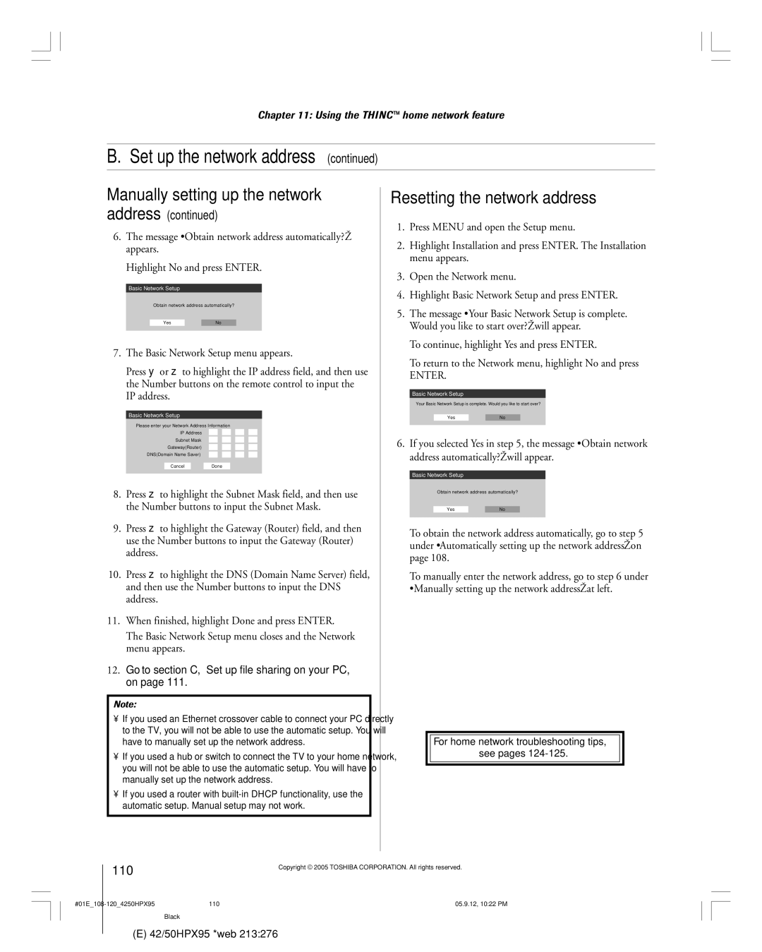 Toshiba 42HPX95 owner manual Manually setting up the network, Resetting the network address, Address, 110 