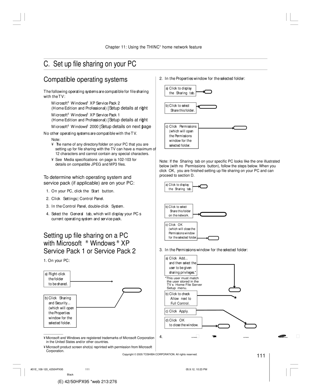 Toshiba 42HPX95 Set up file sharing on your PC, Compatible operating systems, Setting up file sharing on a PC, 111 