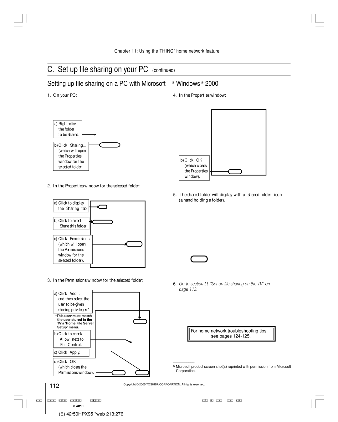 Toshiba 42HPX95 Setting up file sharing on a PC with Microsoft Windows, 112, Properties window for the selected folder 