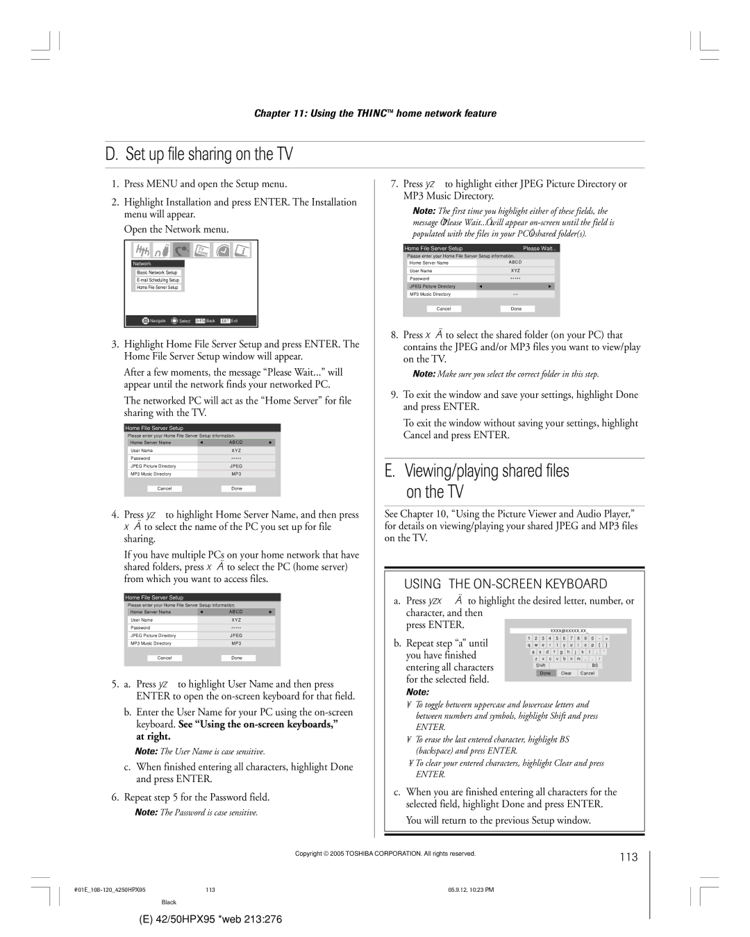 Toshiba 42HPX95 owner manual Set up file sharing on the TV, Viewing/playing shared files, On the TV, 113 