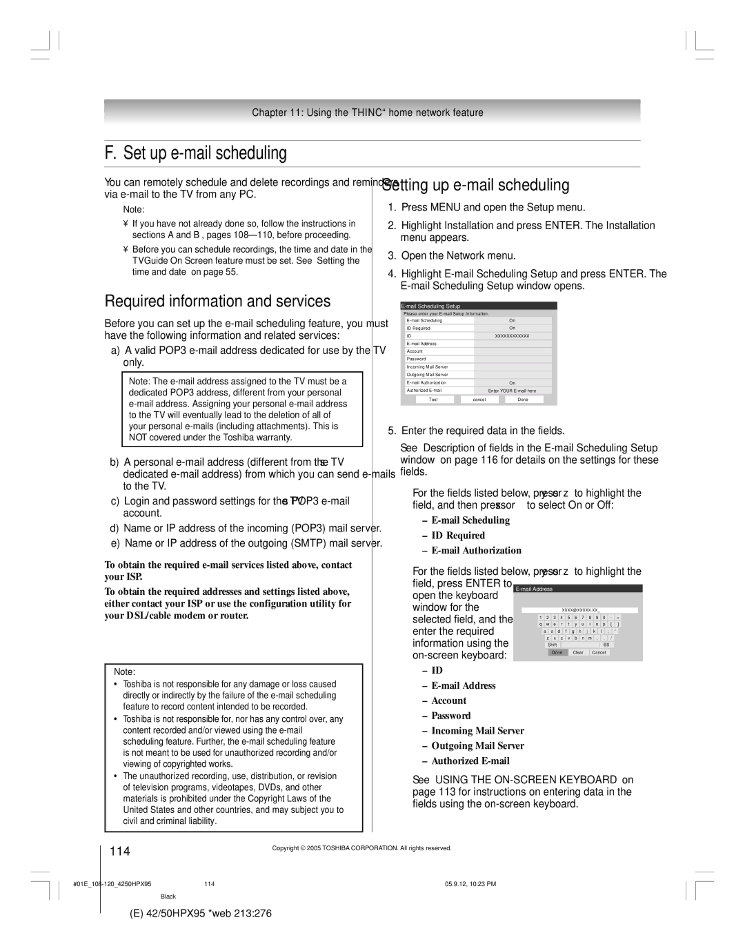 Toshiba 42HPX95 owner manual Set up e-mail scheduling, Required information and services, Setting up e-mail scheduling, 114 