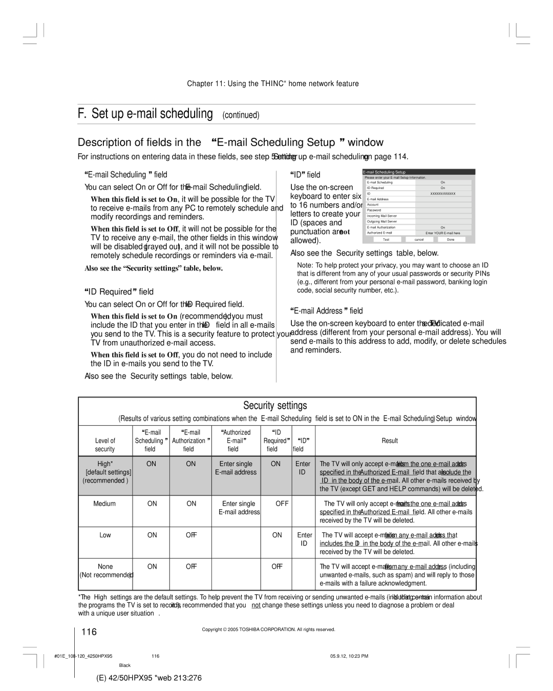 Toshiba 42HPX95 owner manual Description of fields in the E-mail Scheduling Setup window, Security settings, 116 