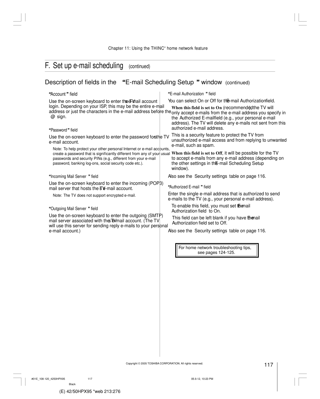 Toshiba 42HPX95 owner manual 117, Account field, Also see the ÒSecurity settingsÓ table on 