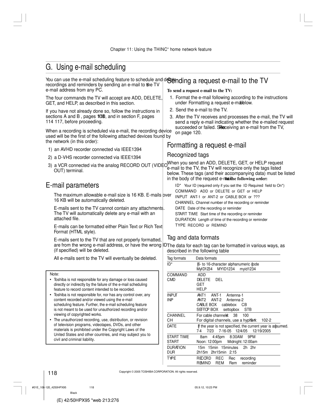 Toshiba 42HPX95 Using e-mail scheduling, Mail parameters, Sending a request e-mail to the TV, Formatting a request e-mail 