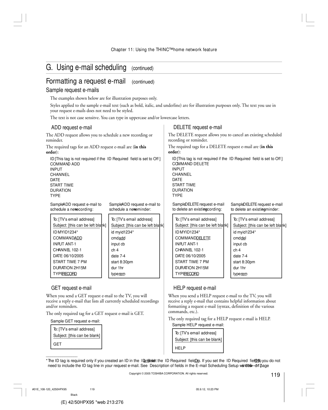 Toshiba 42HPX95 owner manual ADD request e-mail, Delete request e-mail, GET request e-mail, Help request e-mail, 119 