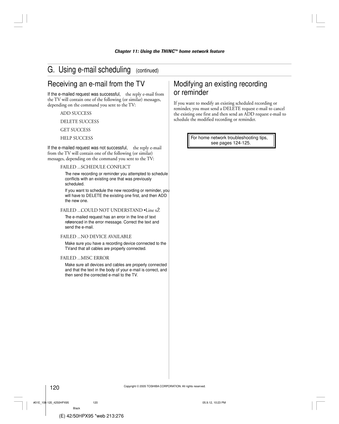 Toshiba 42HPX95 owner manual Receiving an e-mail from the TV, Modifying an existing recording or reminder, 120 