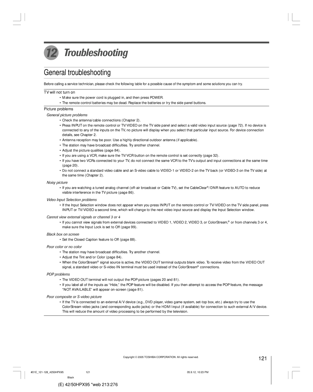 Toshiba 42HPX95 owner manual Troubleshooting, General troubleshooting, 121 