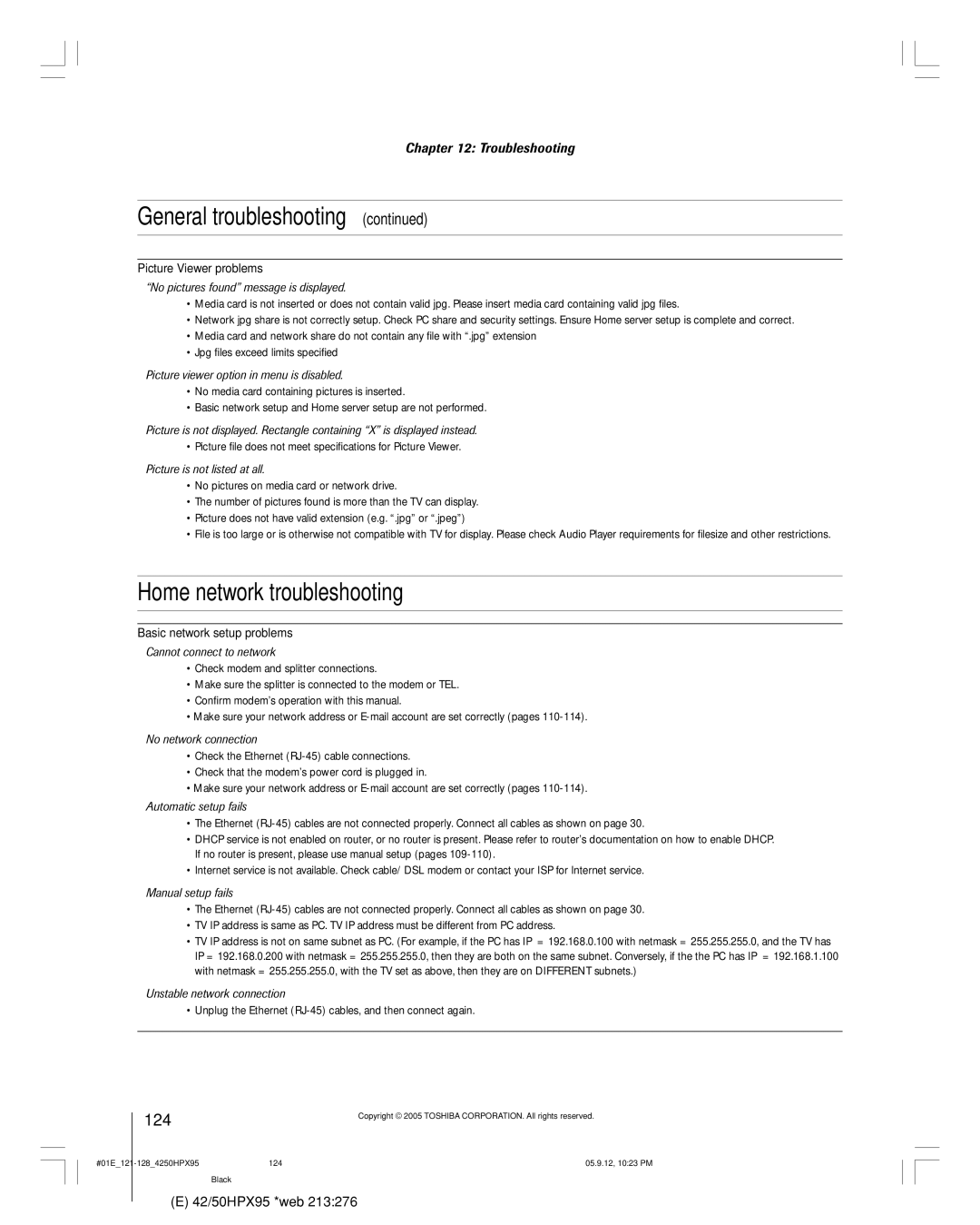 Toshiba 42HPX95 owner manual Home network troubleshooting, 124 