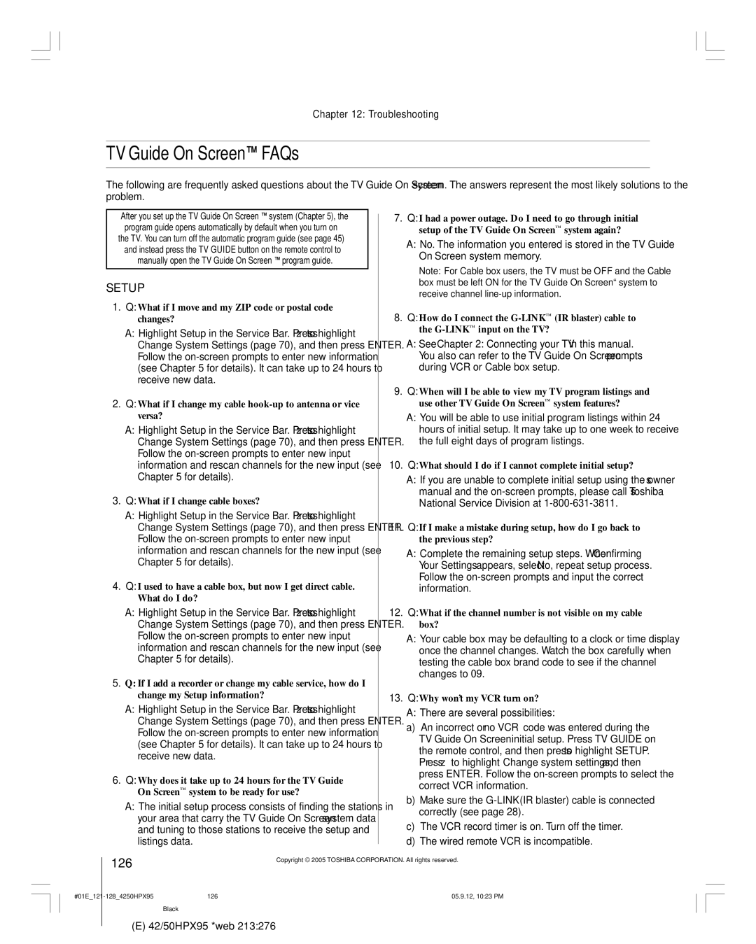 Toshiba 42HPX95 owner manual TV Guide On Screen FAQs, 126, There are several possibilities 