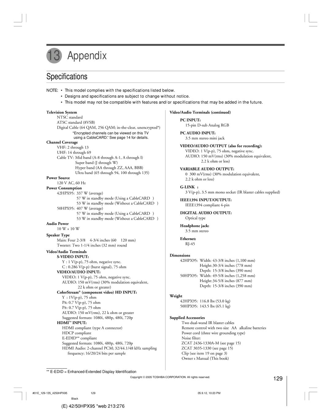 Toshiba 42HPX95 owner manual Appendix, Specifications, 129, Edid = Enhanced-Extended Display Identification 