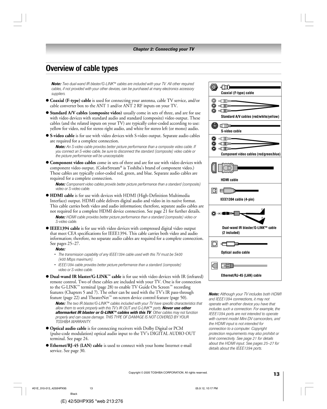 Toshiba 42HPX95 owner manual Overview of cable types 