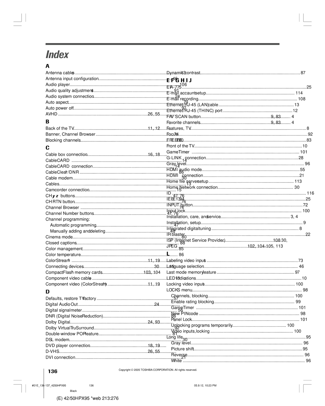 Toshiba 42HPX95 owner manual Index, 136 