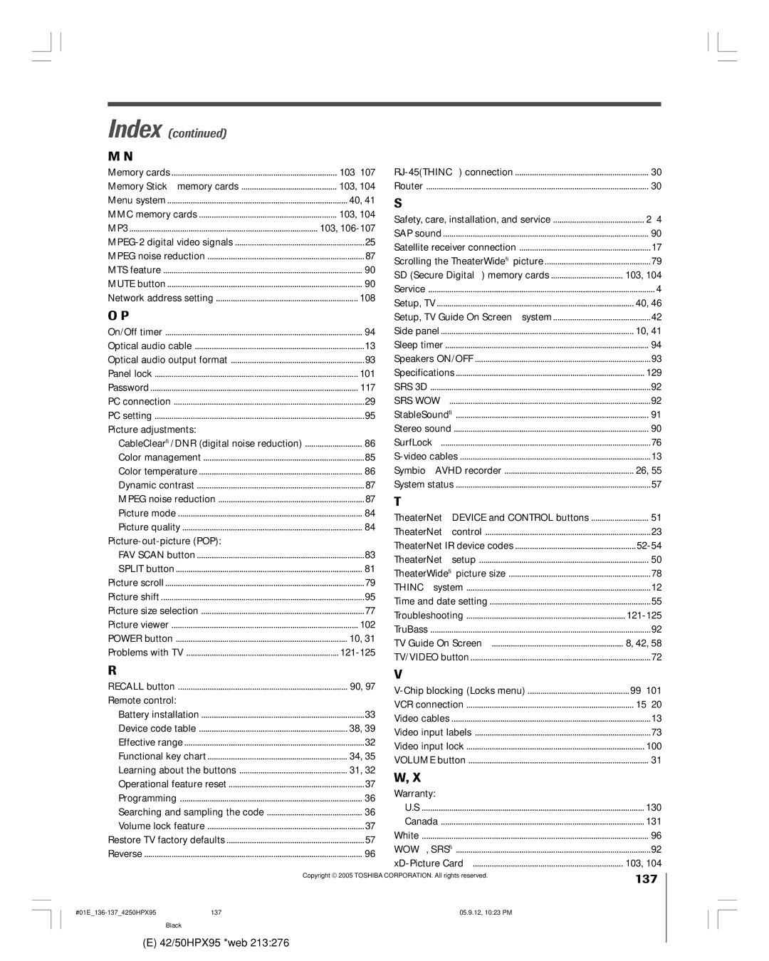 Toshiba 42HPX95 owner manual 137 