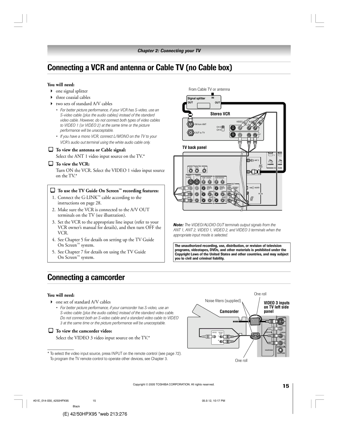 Toshiba 42HPX95 owner manual Connecting a VCR and antenna or Cable TV no Cable box, Connecting a camcorder 