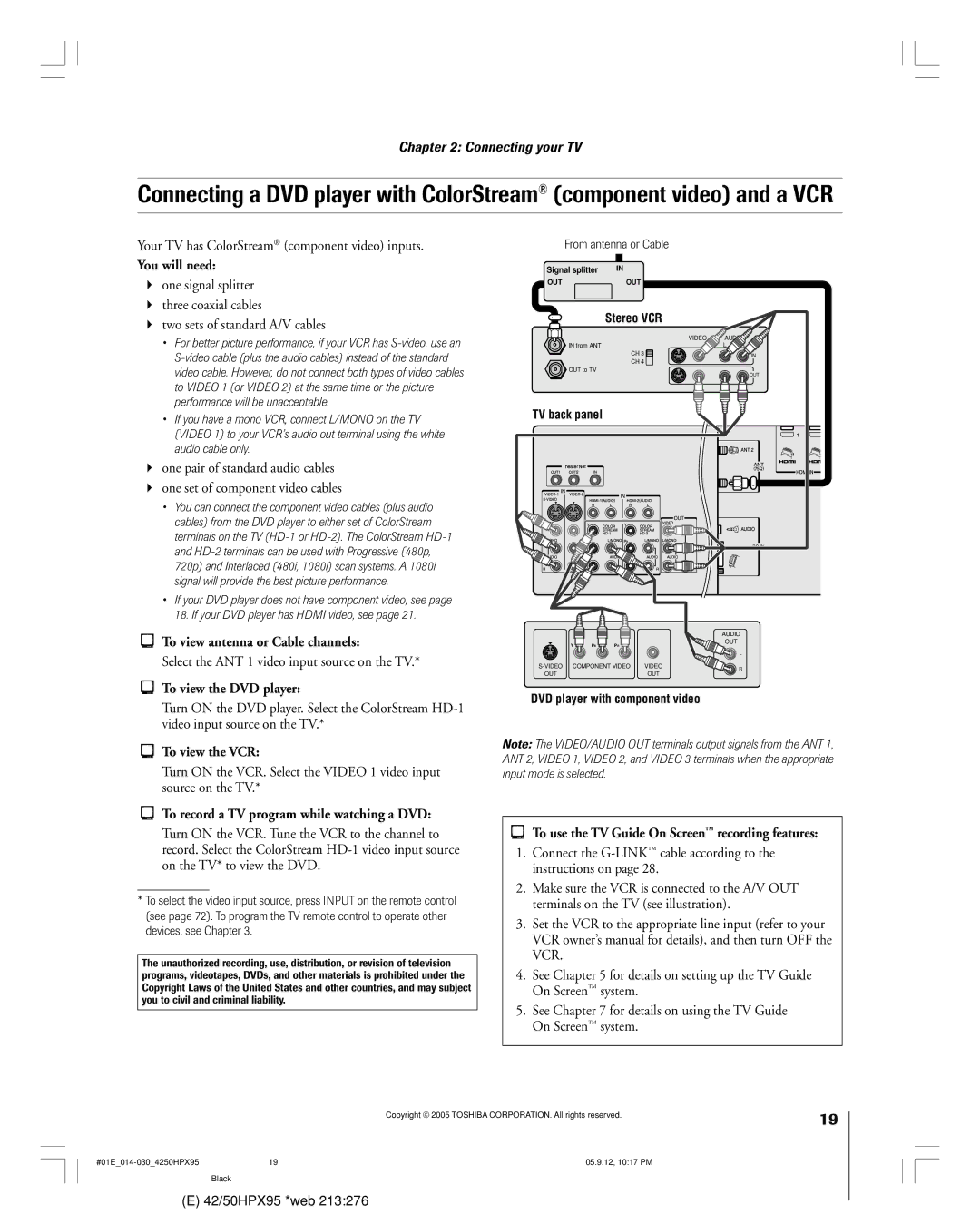 Toshiba 42HPX95 Your TV has ColorStream component video inputs, To view antenna or Cable channels, From antenna or Cable 