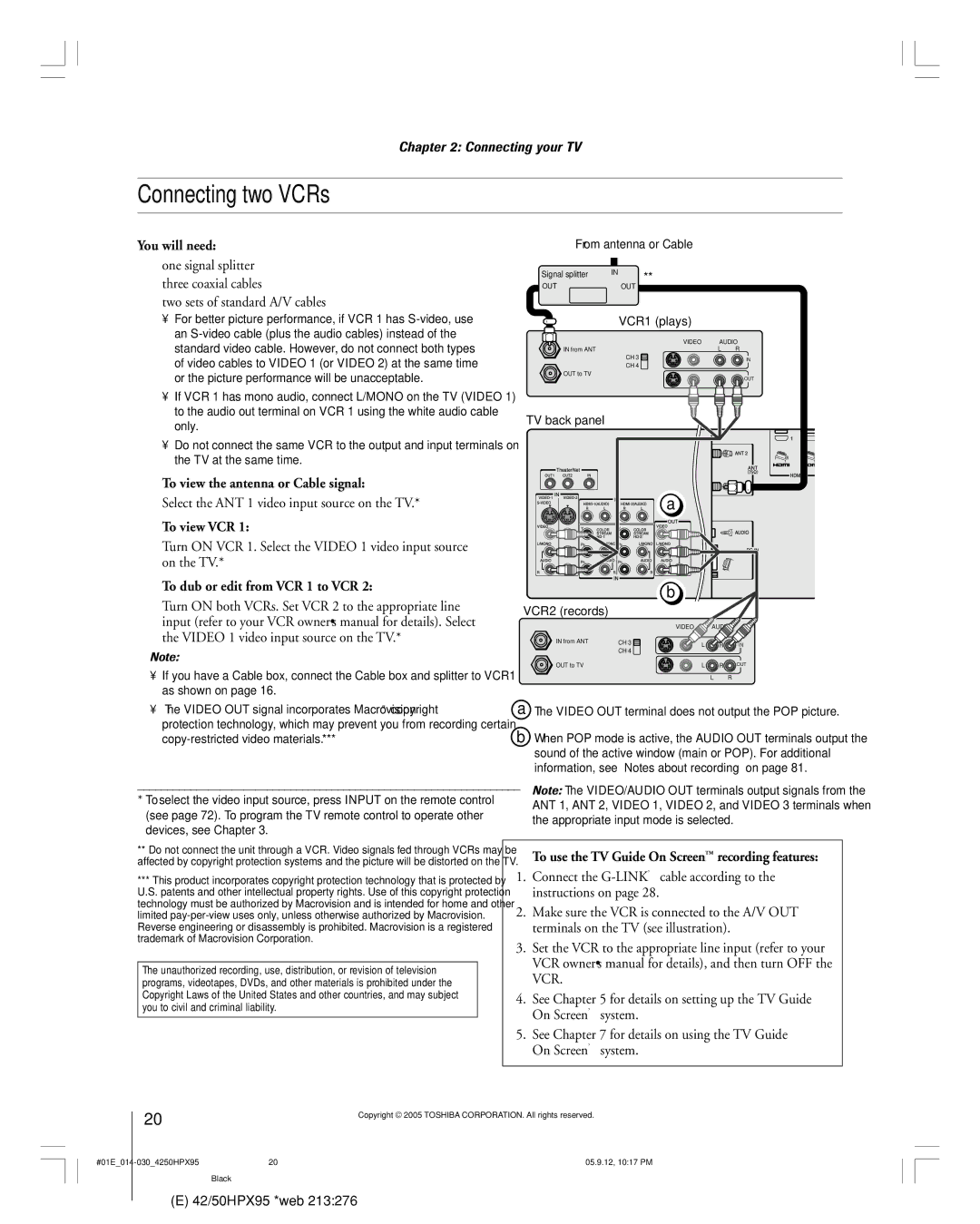 Toshiba 42HPX95 owner manual Connecting two VCRs, To view VCR, To dub or edit from VCR 1 to VCR 