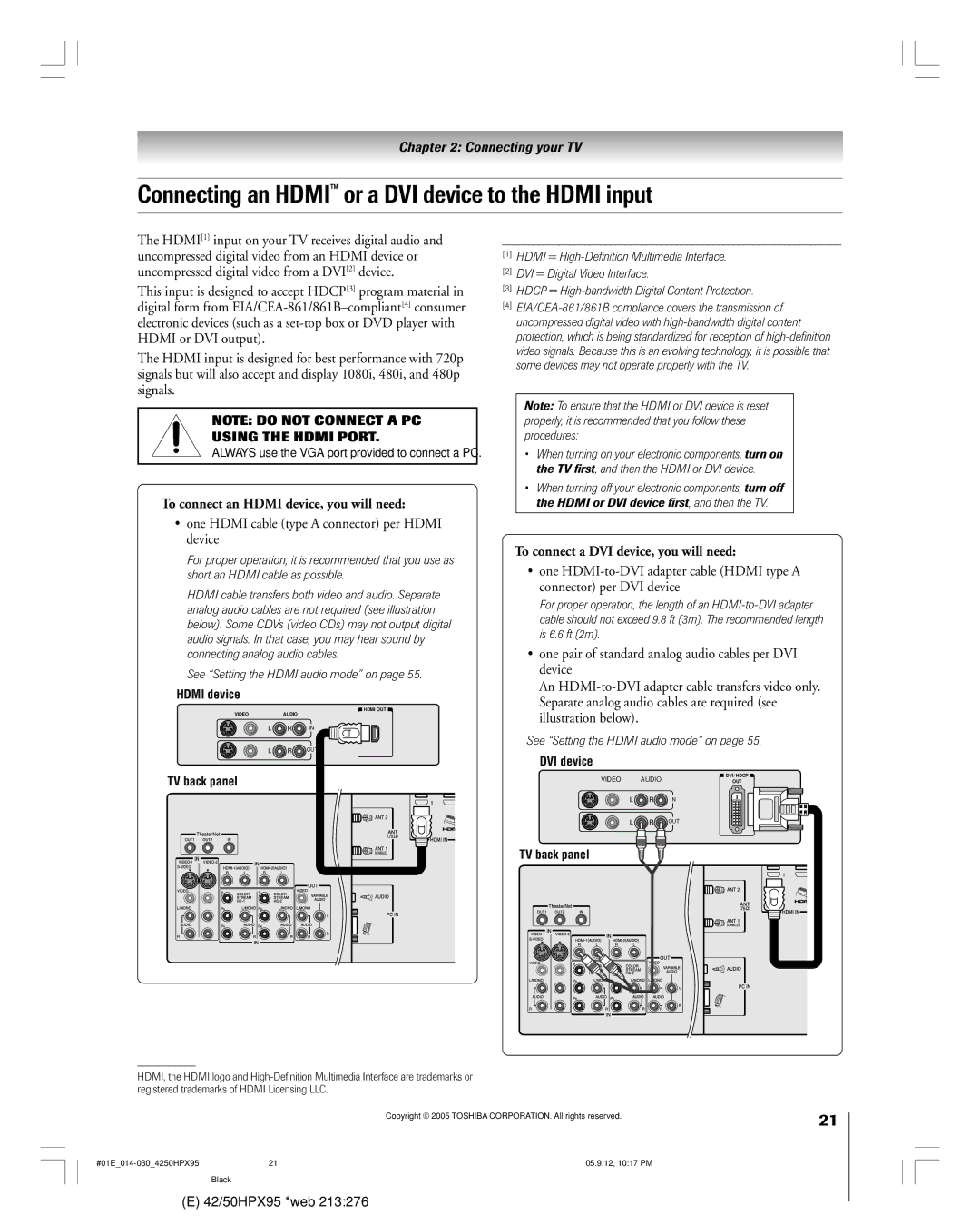 Toshiba 42HPX95 owner manual Connecting an Hdmi or a DVI device to the Hdmi input, To connect an Hdmi device, you will need 