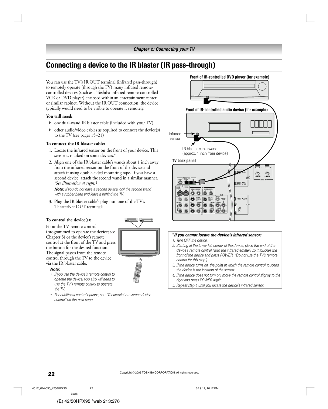 Toshiba 42HPX95 Connecting a device to the IR blaster IR pass-through, To connect the IR blaster cable, Infrared Sensor 