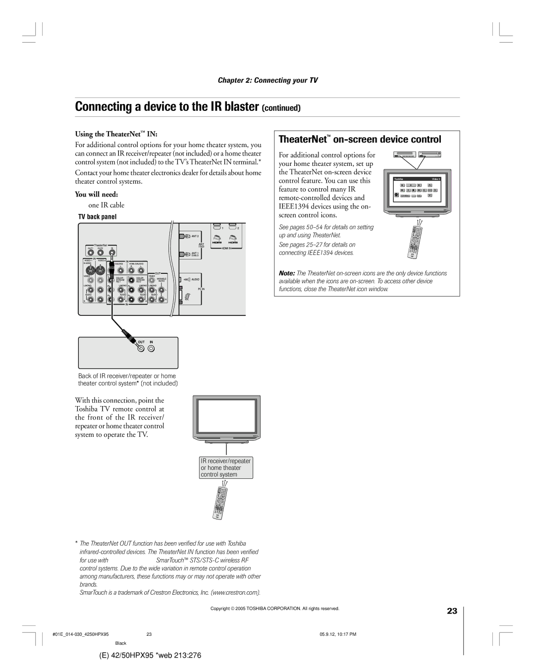 Toshiba 42HPX95 Connecting a device to the IR blaster, TheaterNet on-screen device control, Using the TheaterNetª 