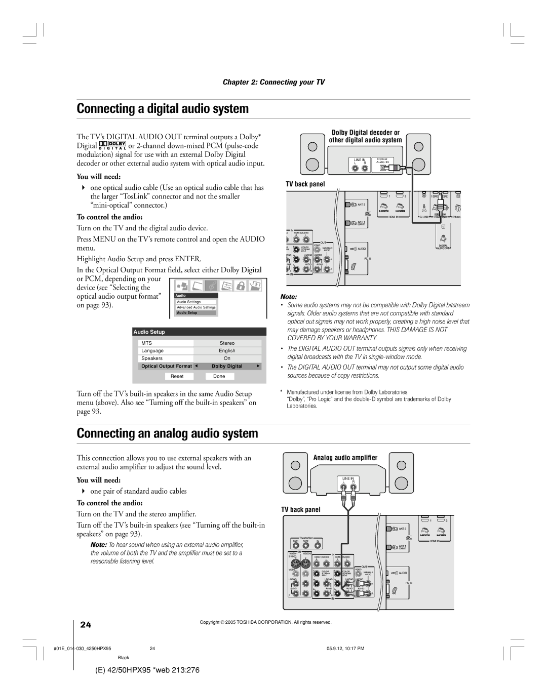 Toshiba 42HPX95 owner manual Connecting a digital audio system, Connecting an analog audio system, To control the audio 