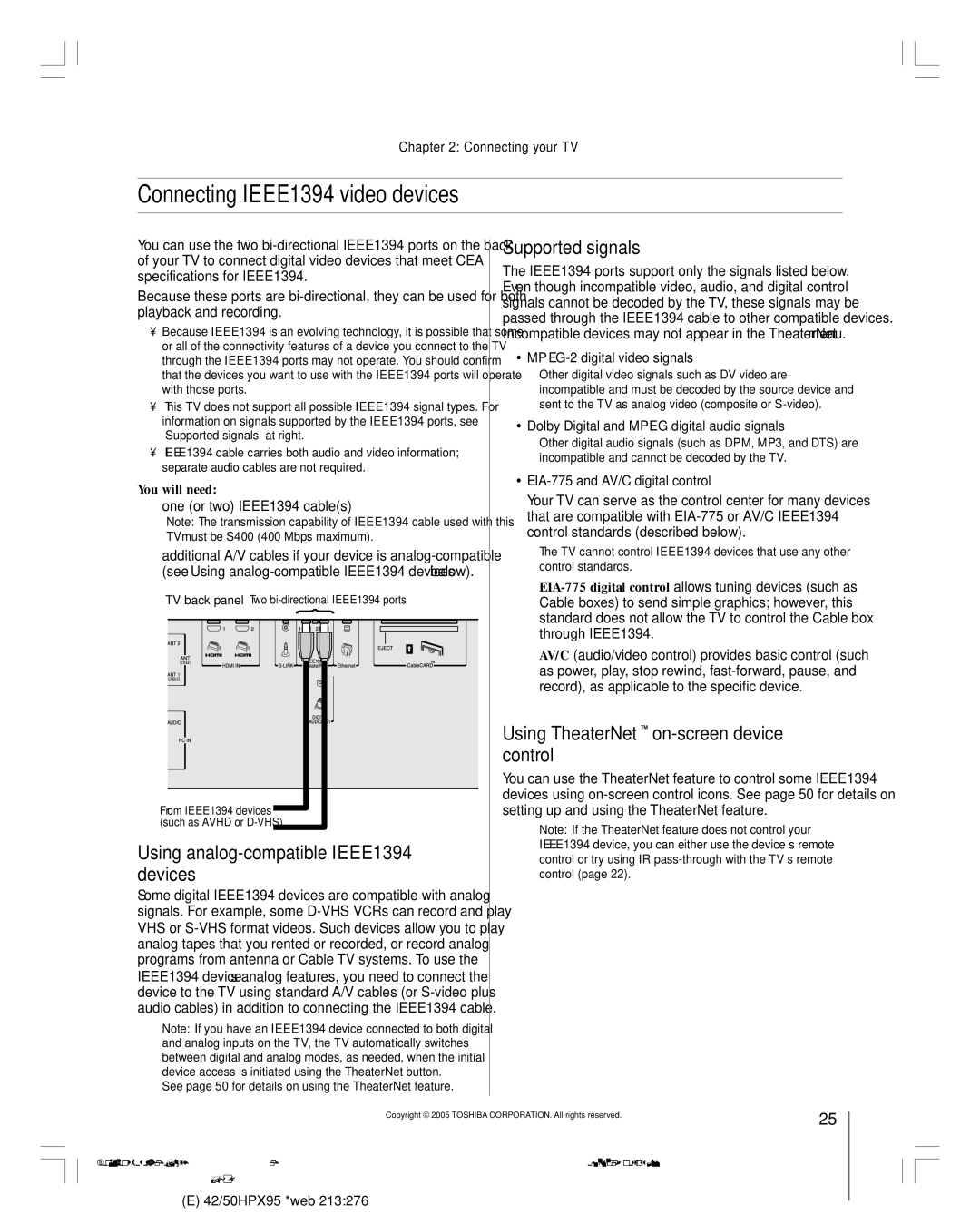 Toshiba 42HPX95 owner manual Connecting IEEE1394 video devices, Using analog-compatible IEEE1394 devices, Supported signals 