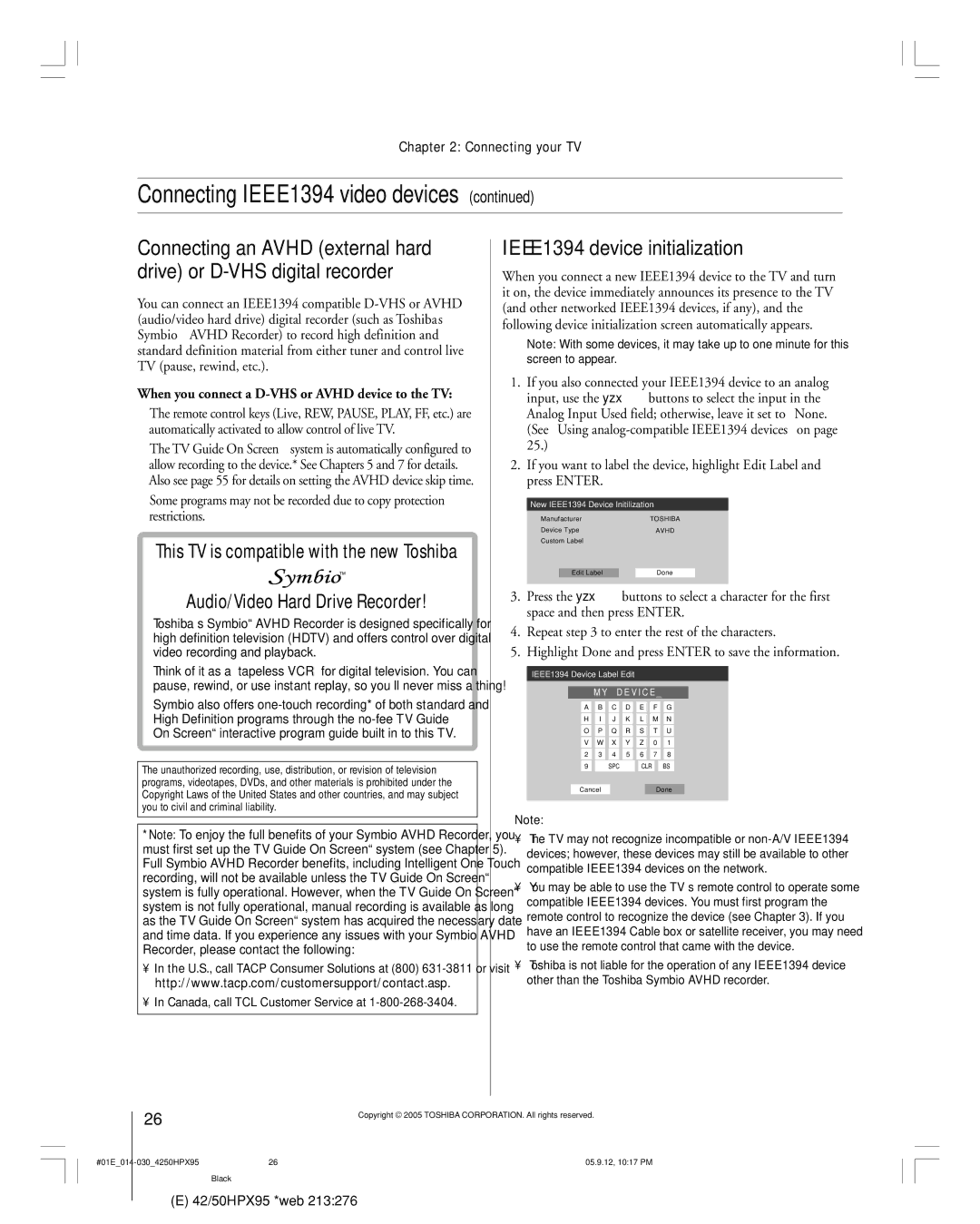 Toshiba 42HPX95 owner manual IEEE1394 device initialization, When you connect a D-VHS or Avhd device to the TV 