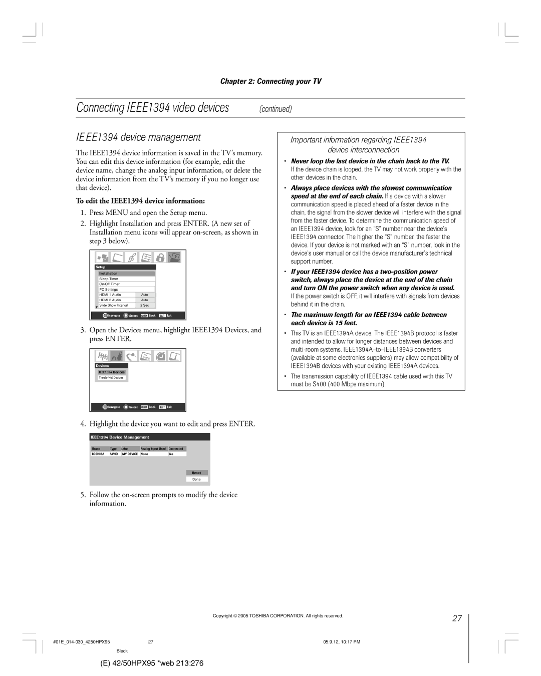 Toshiba 42HPX95 owner manual IEEE1394 device management, To edit the IEEE1394 device information 