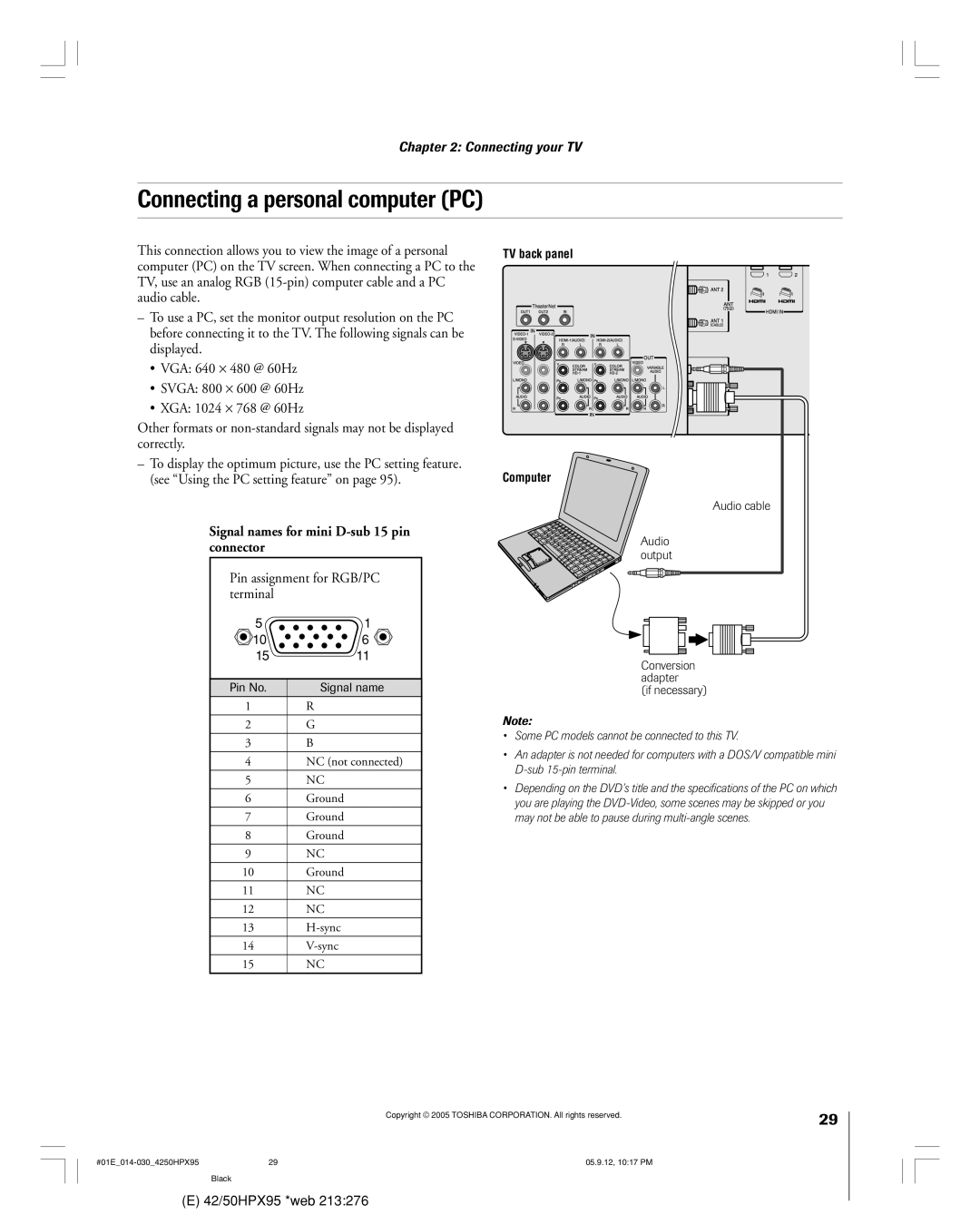 Toshiba 42HPX95 owner manual Connecting a personal computer PC, Signal names for mini D-sub 15 pin connector 