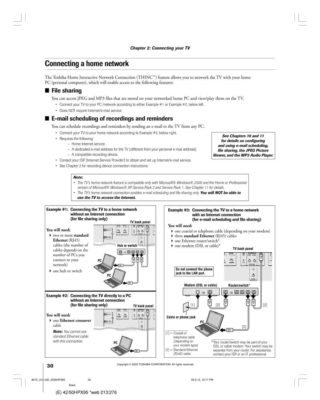 Toshiba 42HPX95 owner manual Connecting a home network, File sharing, Mail scheduling of recordings and reminders 