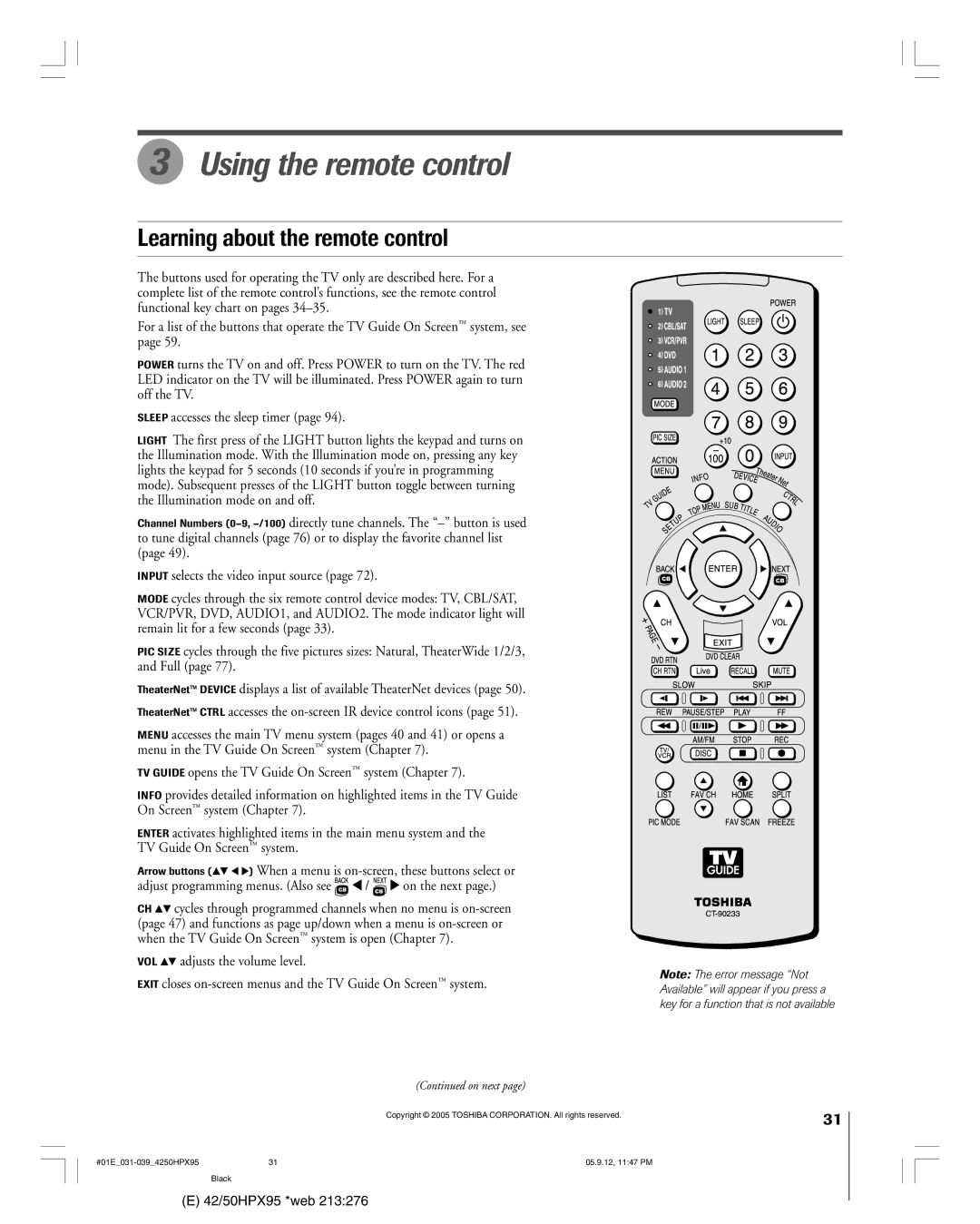 Toshiba 42HPX95 owner manual Using the remote control, Learning about the remote control 