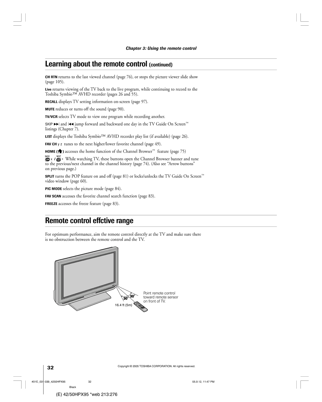 Toshiba 42HPX95 owner manual Remote control effctive range, Point remote control toward remote sensor on front of TV 