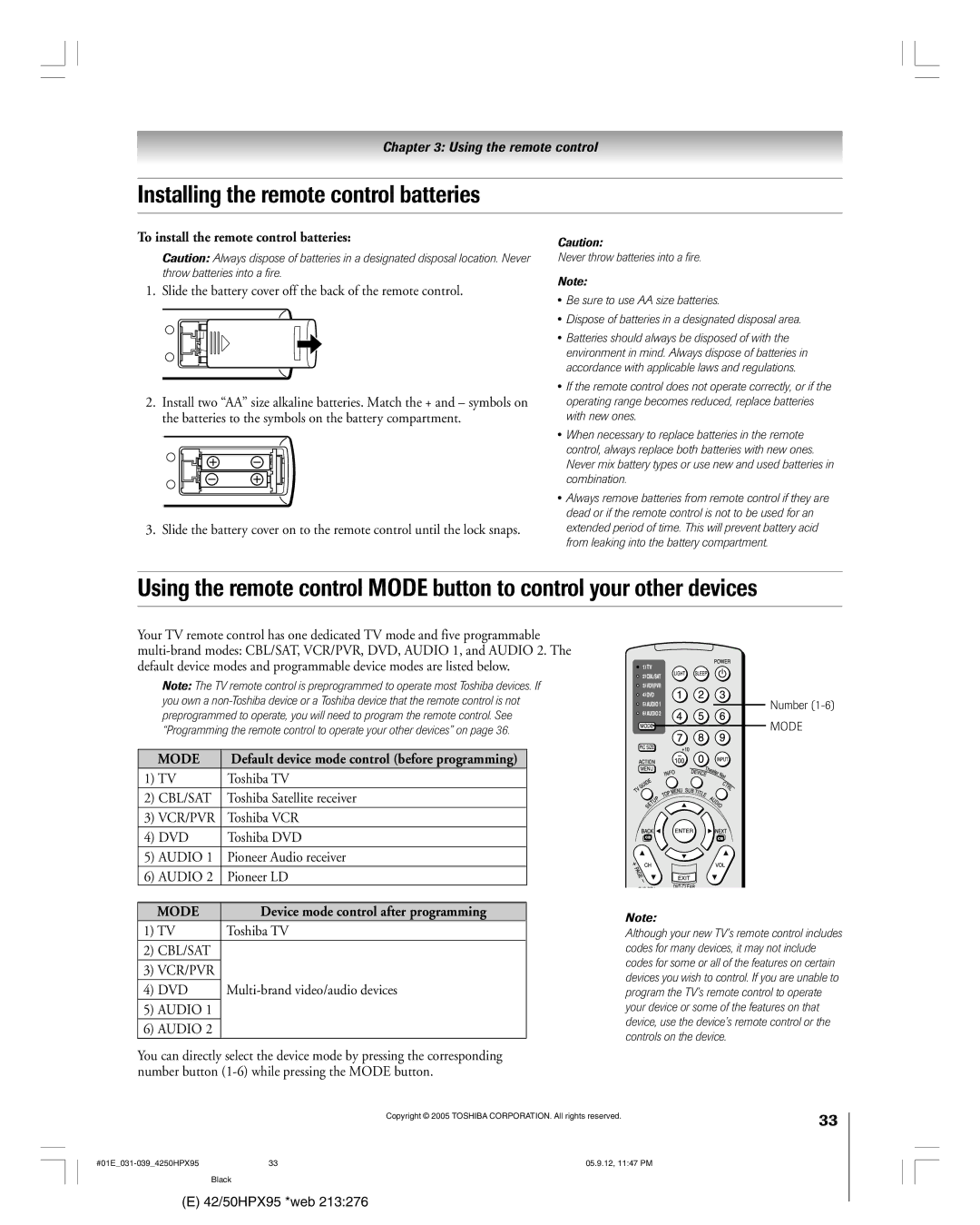 Toshiba 42HPX95 owner manual Installing the remote control batteries, To install the remote control batteries 