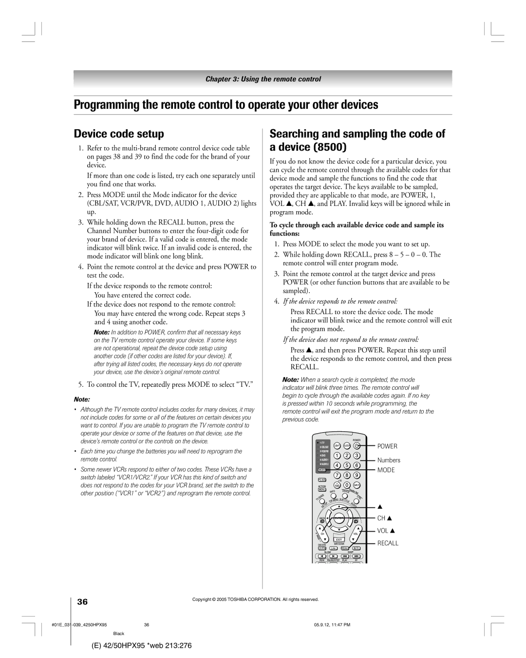 Toshiba 42HPX95 owner manual Device code setup, Searching and sampling the code of a device, Power, Recall 