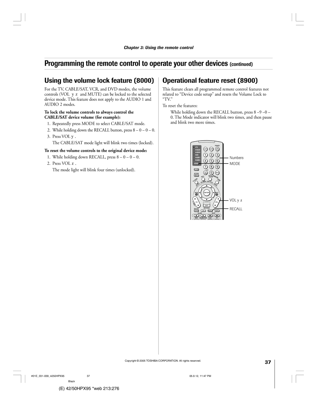 Toshiba 42HPX95 Using the volume lock feature, Operational feature reset, Repeatedly press Mode to select CABLE/SAT mode 